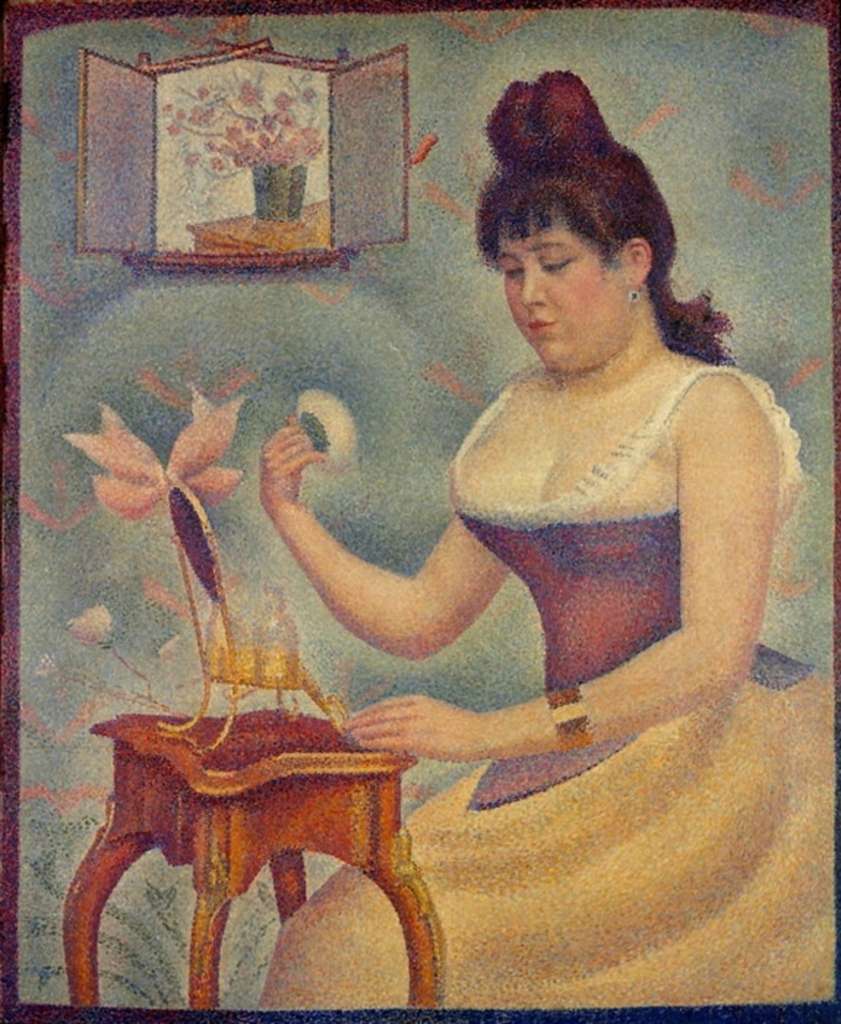 Courtauld 09 Georges Seurat - Young Woman Powdering Herself 9. Paul Cezanne - Card Players. 1890-92, 56 x 69 cm. Le p�re Alexandre sits upright and puffs on his pipe as he faces down his opponent. There is a cool authority to the way he stands. He's all tubes; his tall round hat, long face, sleeves, all have a mathematical roundness, making him the human equivalent of a C�zanne landscape - like the rocks, he's burned down to geometry.